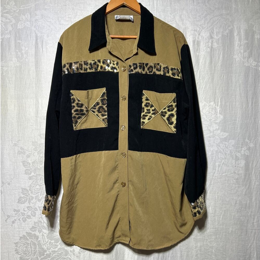 VTG Saint Germain Paris Button Up XL Color Block Leopard Print Sequin USA Made